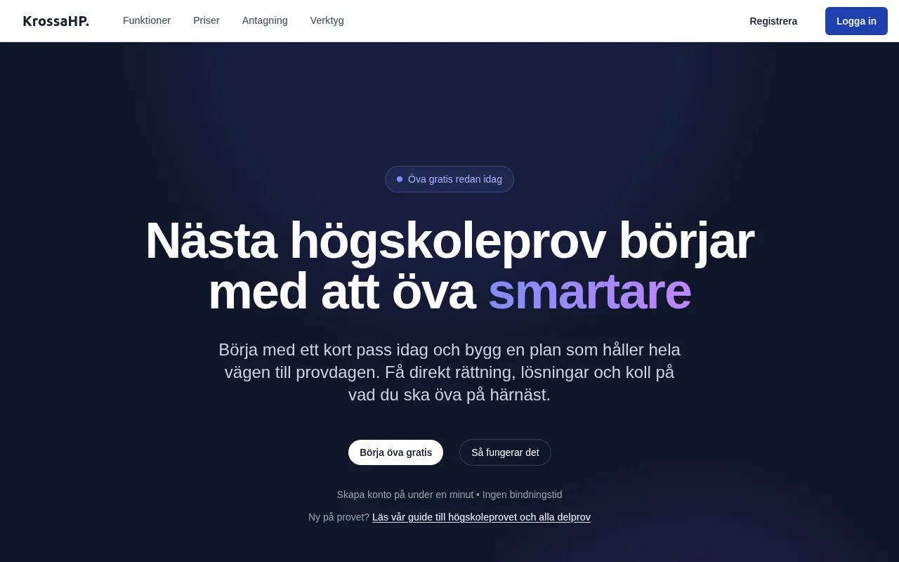 Skärmbild av KrossaHP:s startsida med rubriken ”Nästa högskoleprov börjar med att öva smartare” och knappen ”Börja öva gratis”